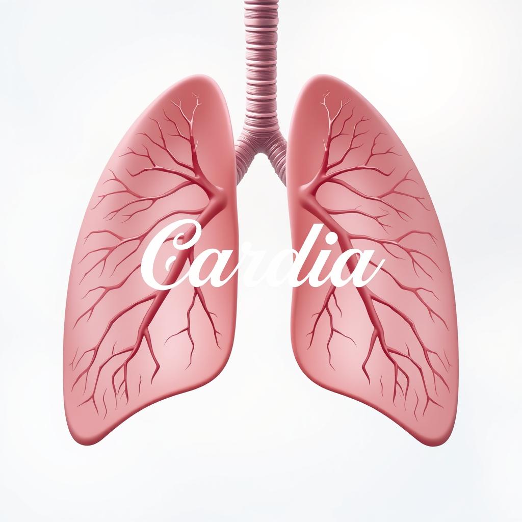 An artistic representation of a human lung with the word 'Cardia' prominently displayed