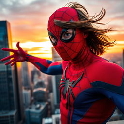 A young adult person wearing a detailed Spider-Man costume, striking a dynamic pose on a bustling city rooftop