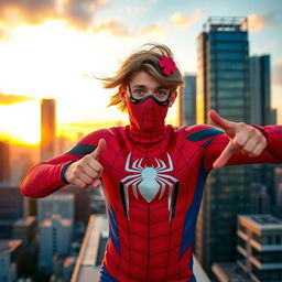 A young adult person wearing a detailed Spider-Man costume, striking a dynamic pose on a bustling city rooftop