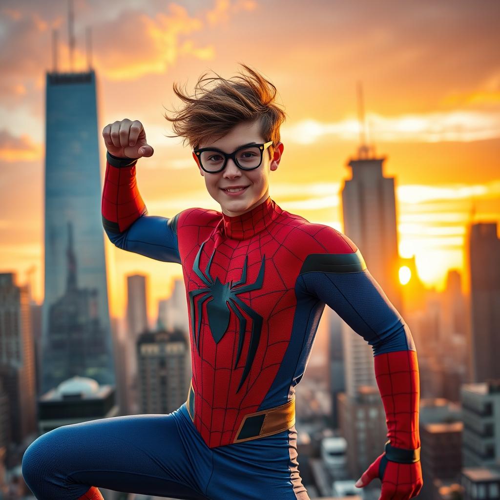 A young adult person wearing a detailed Spider-Man costume, striking a dynamic pose on a bustling city rooftop