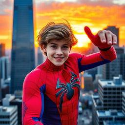 A young adult person wearing a detailed Spider-Man costume, striking a dynamic pose on a bustling city rooftop