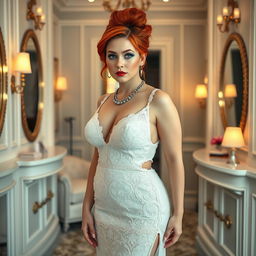 A full length photograph of a curvy 19-year-old girl with a thin face and striking red hair styled in an elegant updo