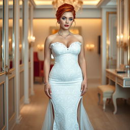 A full length photograph of a curvy 19-year-old girl with a thin face and striking red hair styled in an elegant updo