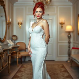 A full length photograph of a curvy 19-year-old girl with a thin face and striking red hair styled in an elegant updo