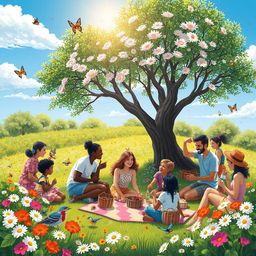 A friendly and welcoming atmosphere featuring a vibrant landscape with blooming flowers and a clear blue sky
