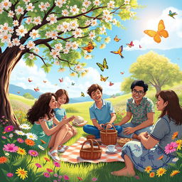 A friendly and welcoming atmosphere featuring a vibrant landscape with blooming flowers and a clear blue sky