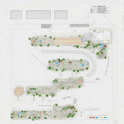 Detailed blueprint of a highway rest area, featuring amenities such as restrooms, convenience stores, dining areas, and parking lots.