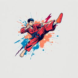 A dynamic and energetic T-shirt design featuring an illustration of a martial artist in mid-air executing a powerful flying kick