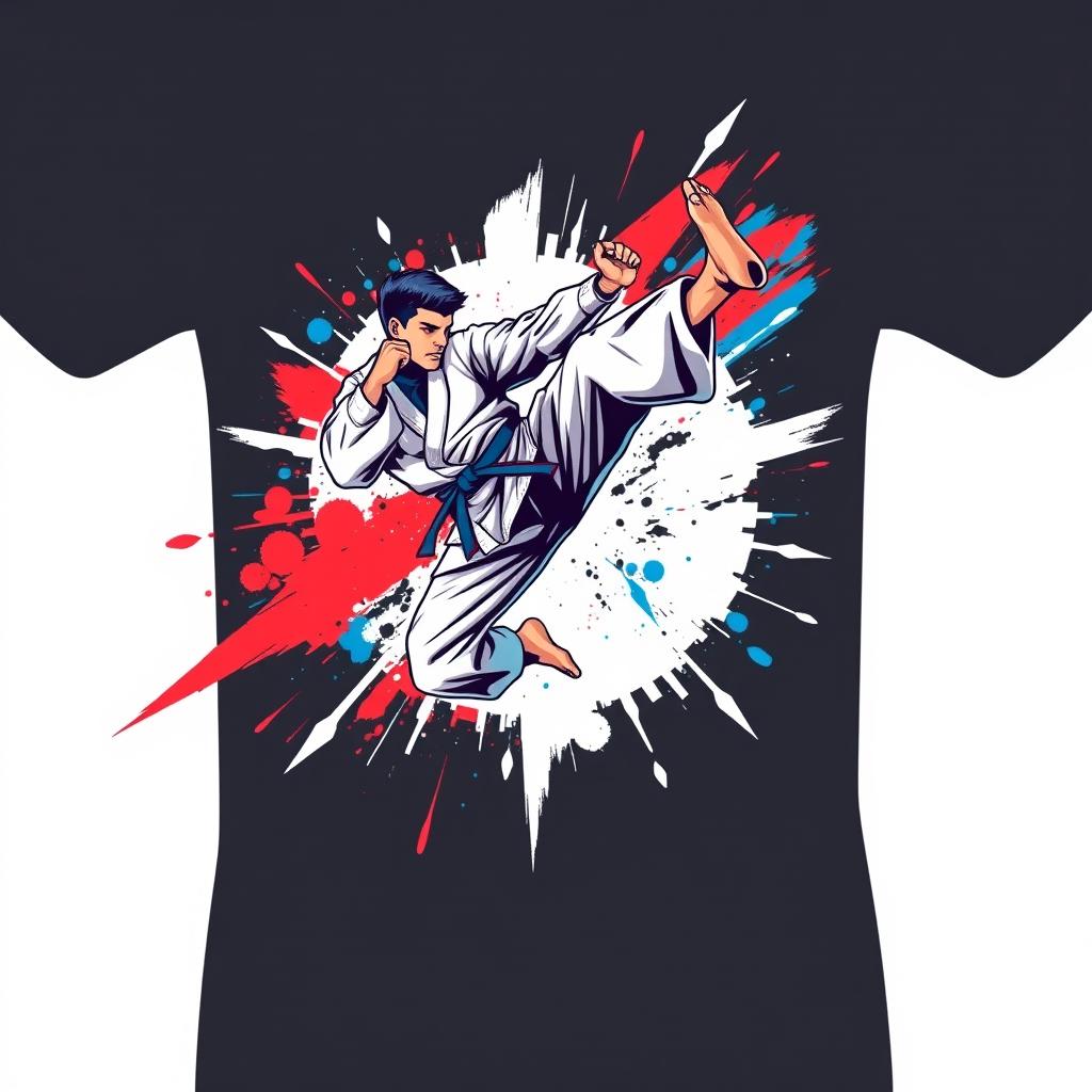 A dynamic and energetic T-shirt design featuring an illustration of a martial artist in mid-air executing a powerful flying kick