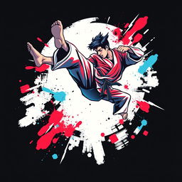 A dynamic and energetic T-shirt design featuring an illustration of a martial artist in mid-air executing a powerful flying kick