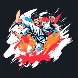 A dynamic and energetic T-shirt design featuring an illustration of a martial artist in mid-air executing a powerful flying kick