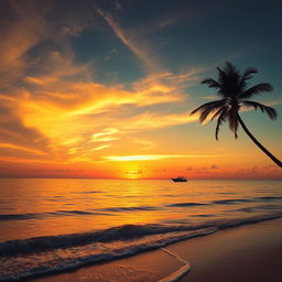 a vibrant sunset over a calm ocean, with gentle waves lapping at the shore, golden and orange hues filling the sky, a silhouette of a lone palm tree on the right side of the image, a small boat in the distance on the water reflecting the sunset colors, high dynamic range, beautiful scenery