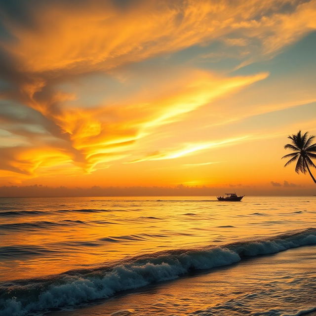 a vibrant sunset over a calm ocean, with gentle waves lapping at the shore, golden and orange hues filling the sky, a silhouette of a lone palm tree on the right side of the image, a small boat in the distance on the water reflecting the sunset colors, high dynamic range, beautiful scenery