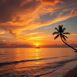 a vibrant sunset over a calm ocean, with gentle waves lapping at the shore, golden and orange hues filling the sky, a silhouette of a lone palm tree on the right side of the image, a small boat in the distance on the water reflecting the sunset colors, high dynamic range, beautiful scenery