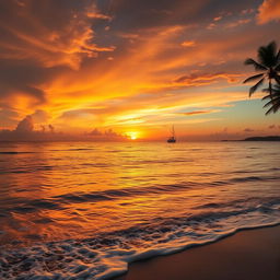 a vibrant sunset over a calm ocean, with gentle waves lapping at the shore, golden and orange hues filling the sky, a silhouette of a lone palm tree on the right side of the image, a small boat in the distance on the water reflecting the sunset colors, high dynamic range, beautiful scenery