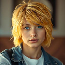 A close-up portrait of a young adult with medium-length, vibrant yellow hair styled in a messy yet fashionable way, exuding confidence and charisma