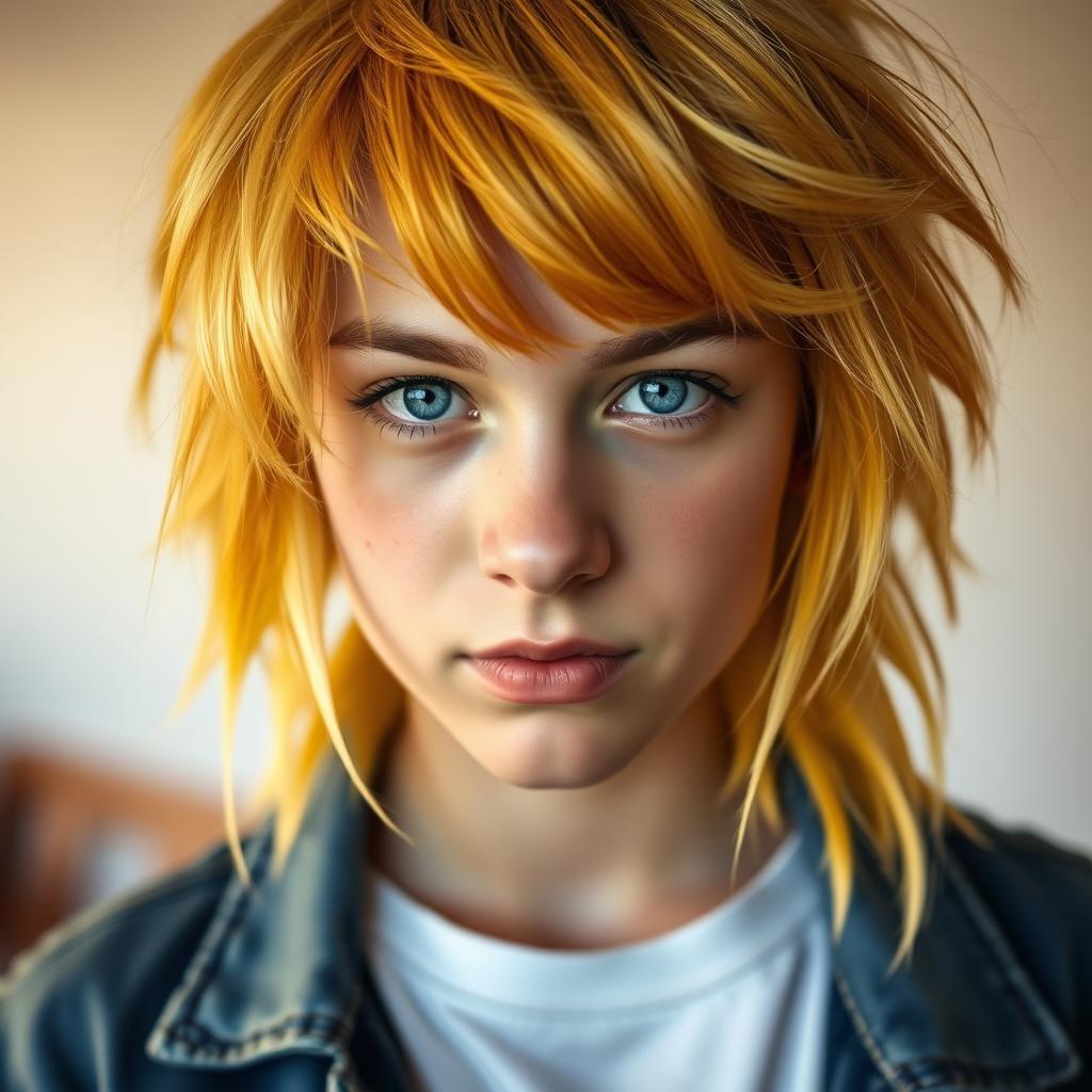 A close-up portrait of a young adult with medium-length, vibrant yellow hair styled in a messy yet fashionable way, exuding confidence and charisma