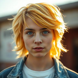 A close-up portrait of a young adult with medium-length, vibrant yellow hair styled in a messy yet fashionable way, exuding confidence and charisma
