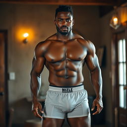 A strong, muscular mulatto man in boxer briefs, showcasing his athletic build without a shirt