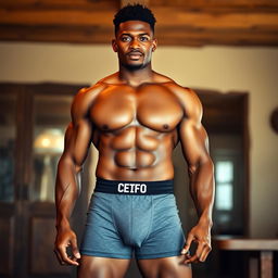 A strong, muscular mulatto man in boxer briefs, showcasing his athletic build without a shirt