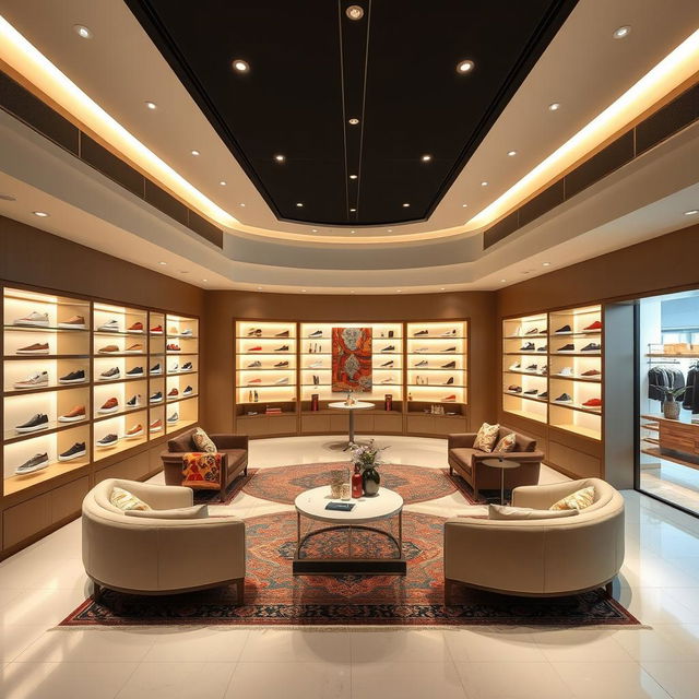 A stylish interior design of a Golden Goose shoe shop in Iran, showcasing a space organized in a semi-circle, emphasizing minimalism and modern Iranian aesthetics