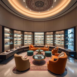 A stylish interior design of a Golden Goose shoe shop in Iran, showcasing a space organized in a semi-circle, emphasizing minimalism and modern Iranian aesthetics