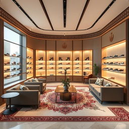 A stylish interior design of a Golden Goose shoe shop in Iran, showcasing a space organized in a semi-circle, emphasizing minimalism and modern Iranian aesthetics