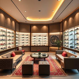 A stylish interior design of a Golden Goose shoe shop in Iran, showcasing a space organized in a semi-circle, emphasizing minimalism and modern Iranian aesthetics