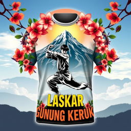 A beautifully designed shirt featuring a majestic mountain landscape in the background, adorned with intricate terate flowers beautifully arranged around it