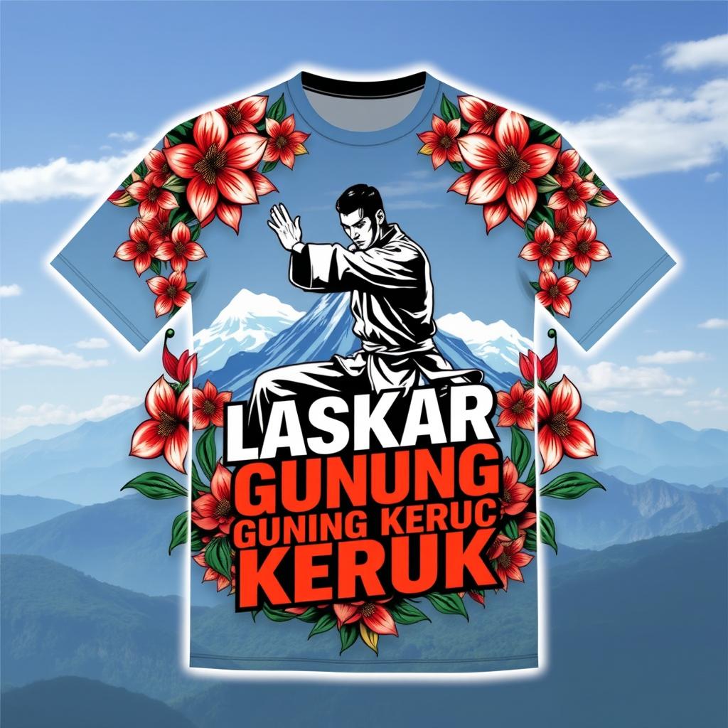 A beautifully designed shirt featuring a majestic mountain landscape in the background, adorned with intricate terate flowers beautifully arranged around it