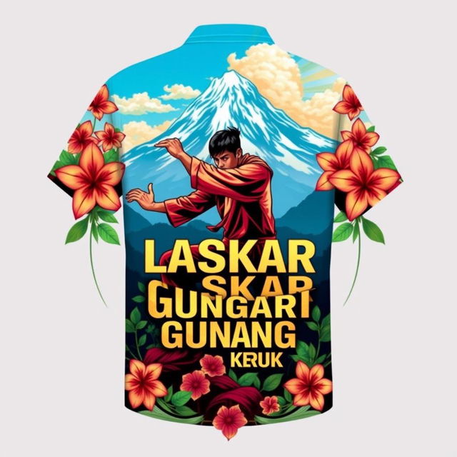 A beautifully designed shirt featuring a majestic mountain landscape in the background, adorned with intricate terate flowers beautifully arranged around it