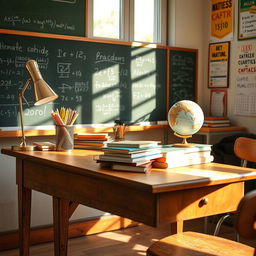 A beautifully arranged school desk (bureau d'école) in a cozy classroom setting