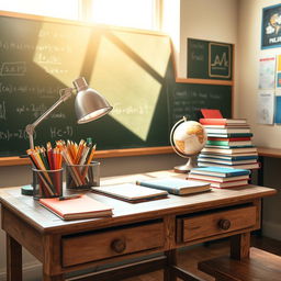 A beautifully arranged school desk (bureau d'école) in a cozy classroom setting