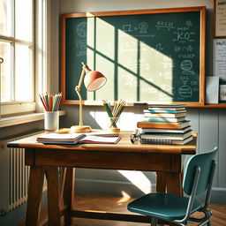 A beautifully arranged school desk (bureau d'école) in a cozy classroom setting