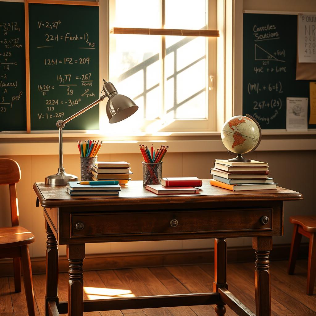 A beautifully arranged school desk (bureau d'école) in a cozy classroom setting