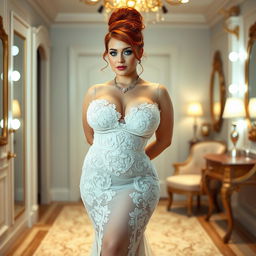 A full length photograph of a curvy 19-year-old girl with a thin face and vibrant red hair styled in an elegant updo