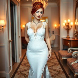 A full length photograph of a curvy 19-year-old girl with a thin face and vibrant red hair styled in an elegant updo
