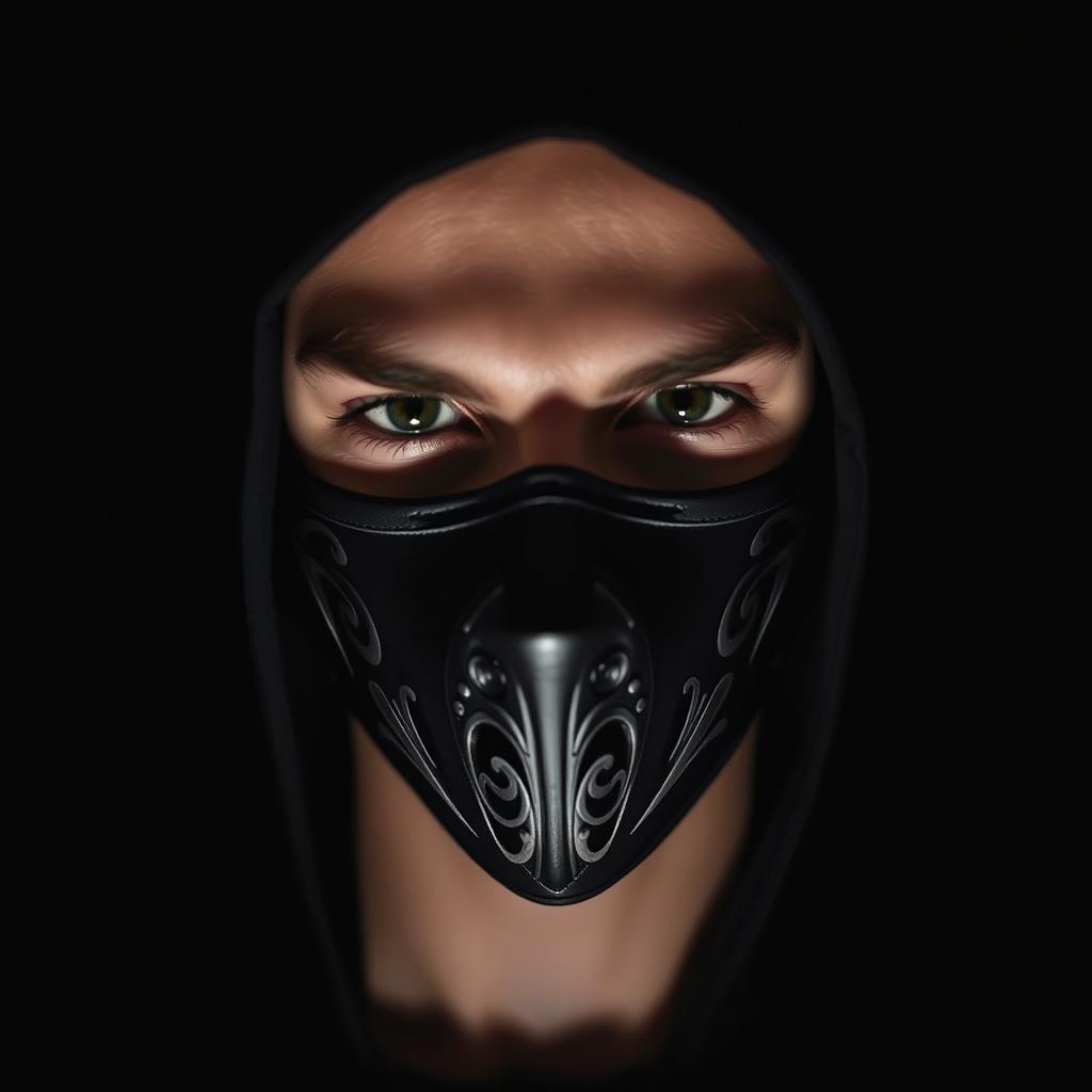 A close-up portrait of a mysterious figure wearing a sleek, contemporary black mask that covers their mouth, set against a dark, unobtrusive background