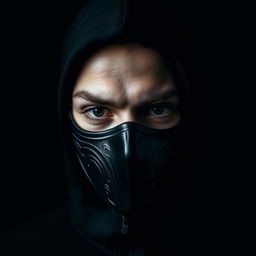 A close-up portrait of a mysterious figure wearing a sleek, contemporary black mask that covers their mouth, set against a dark, unobtrusive background