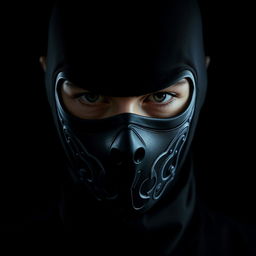 A close-up portrait of a mysterious figure wearing a sleek, contemporary black mask that covers their mouth, set against a dark, unobtrusive background