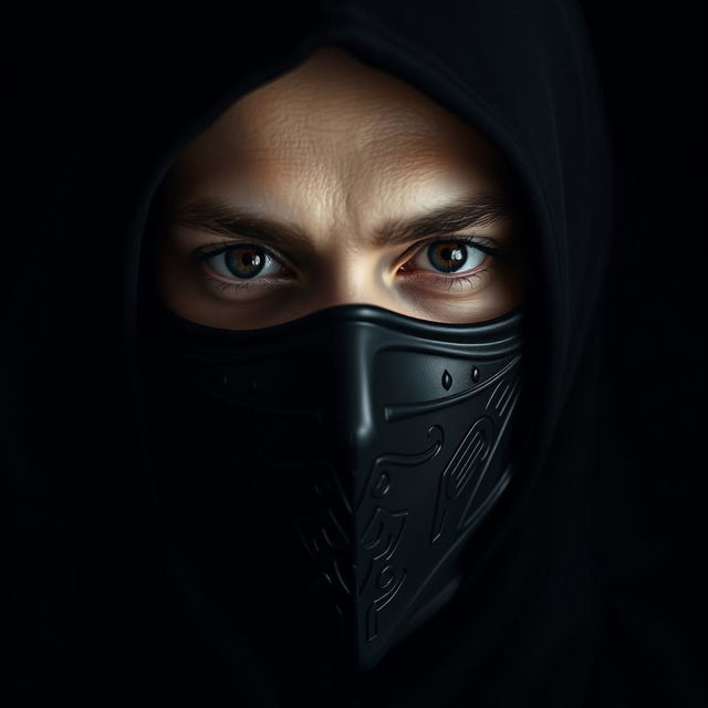 A close-up portrait of a mysterious figure wearing a sleek, contemporary black mask that covers their mouth, set against a dark, unobtrusive background