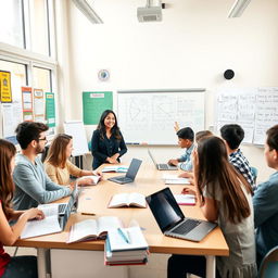 A modern, vibrant tuition class setting filled with diverse students studying together