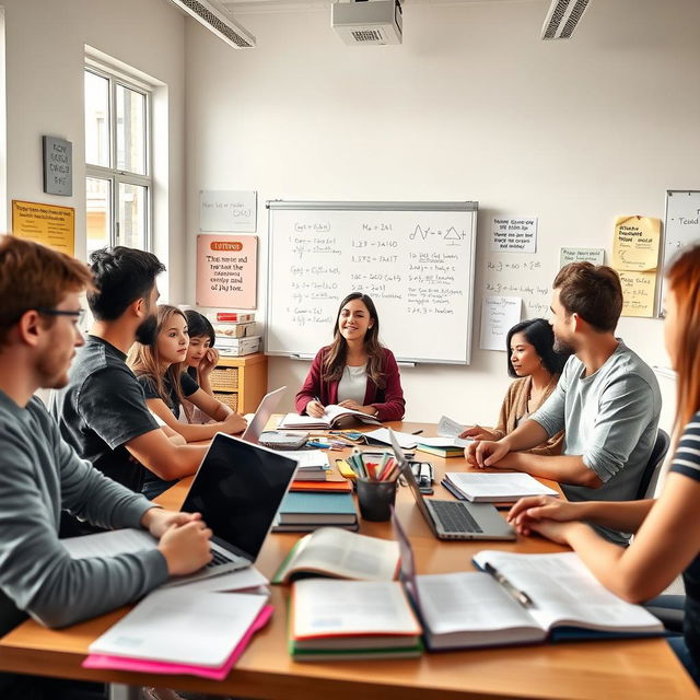 A modern, vibrant tuition class setting filled with diverse students studying together