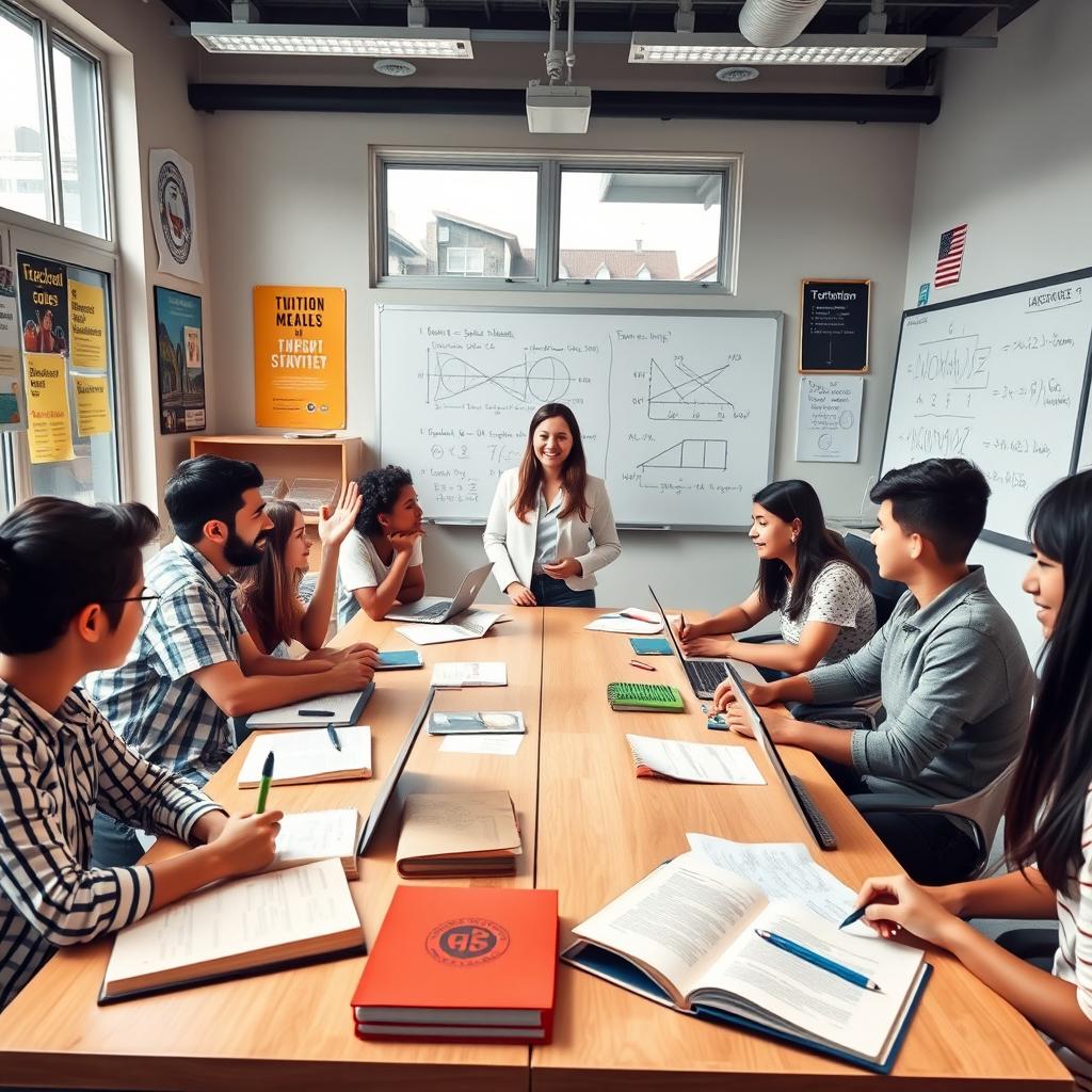 A modern, vibrant tuition class setting filled with diverse students studying together