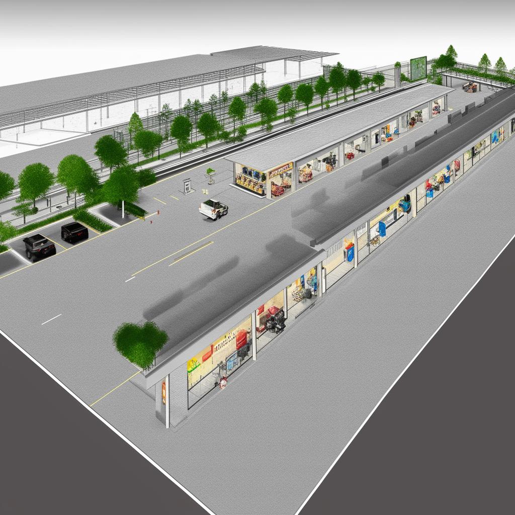 Detailed blueprint of a highway rest area, featuring amenities such as restrooms, convenience stores, dining areas, and parking lots.