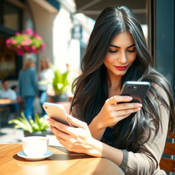 A close-up shot of a stylish young woman sitting at an outdoor café, attentively using an iPhone with a sleek, modern design