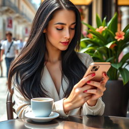 A close-up shot of a stylish young woman sitting at an outdoor café, attentively using an iPhone with a sleek, modern design
