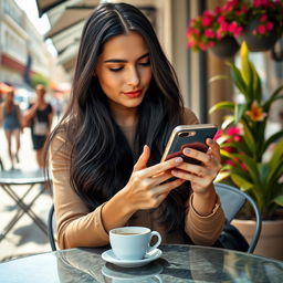 A close-up shot of a stylish young woman sitting at an outdoor café, attentively using an iPhone with a sleek, modern design