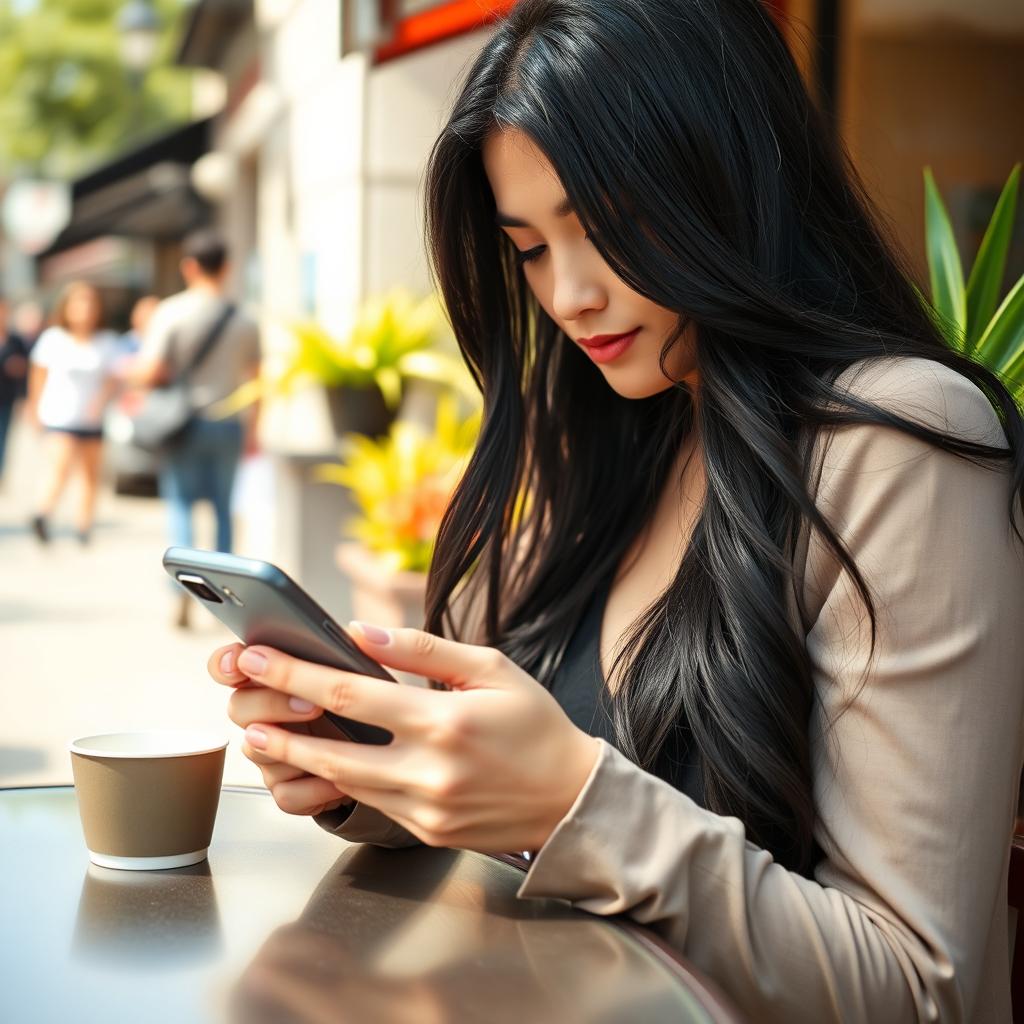 A close-up shot of a stylish young woman sitting at an outdoor café, attentively using an iPhone with a sleek, modern design