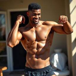 A strong mulatto man without a shirt, in boxers, striking a casual pose